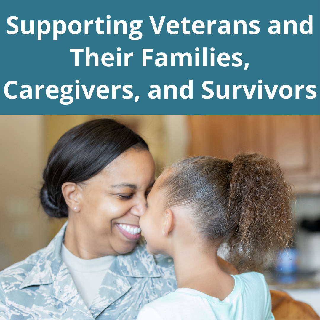 Supporting Veterans and Their Families, Caregivers, and Survivors.  Woman veteran of color wearing her uniform with her daughter in their kitchen